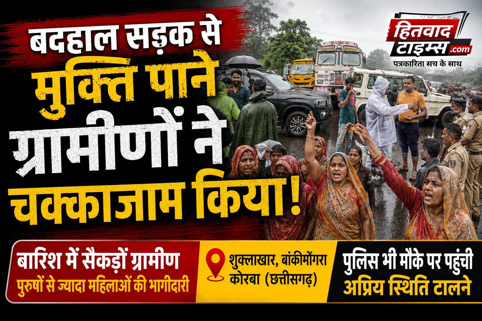 बदहाल सड़क से मुक्ति पाने बारिश में चक्काजाम किया ग्रामीणों ने