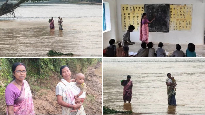 छात्रों के लिए जान जोखिम में डाल रहीं दो शिक्षिकाएं, बेटी को गोद में लेकर उफनती नदी पार करने को मजबूर