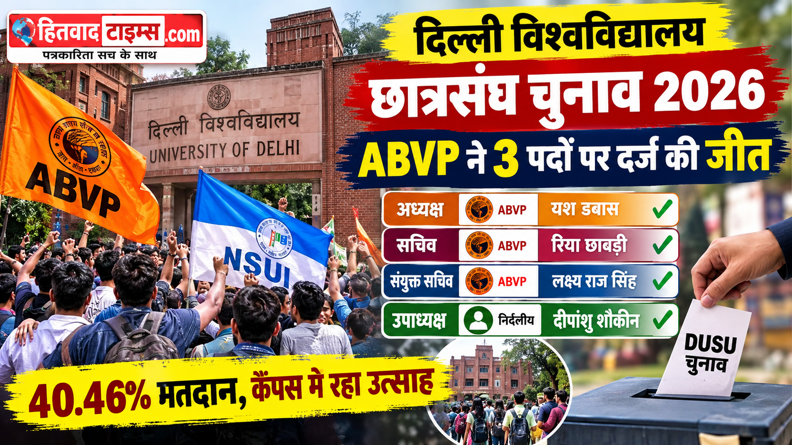 दिल्ली विश्वविद्यालय छात्रसंघ चुनाव 2026: ABVP ने तीन पदों पर दर्ज की जीत